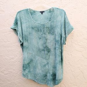 Women's Top Tie Green Sami & Jo Asymmetric Hem Bling Design Short Sleeve